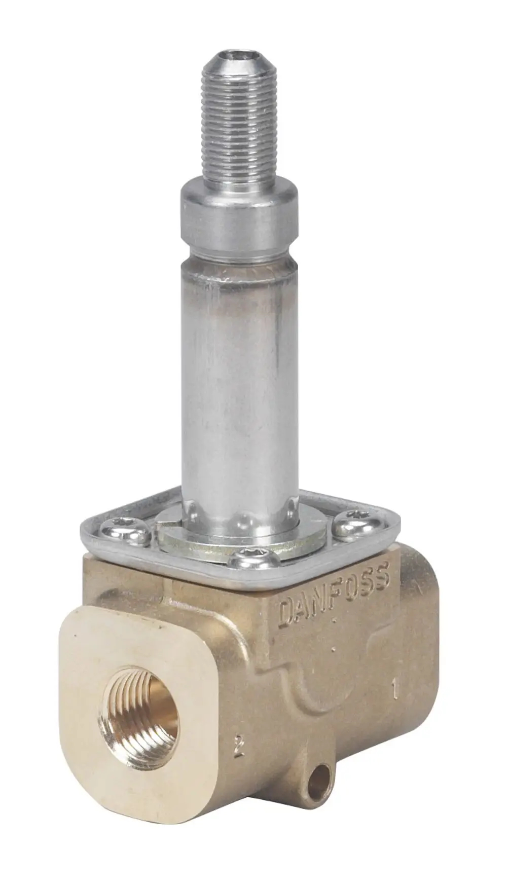 Magnetventil von Danfoss mit einem gewinde von 1/4 Zoll, gerade Bauform und einer metallenen Verbindung. Es zeigt eine Kombination aus Metall- und Kunststoffelementen.
